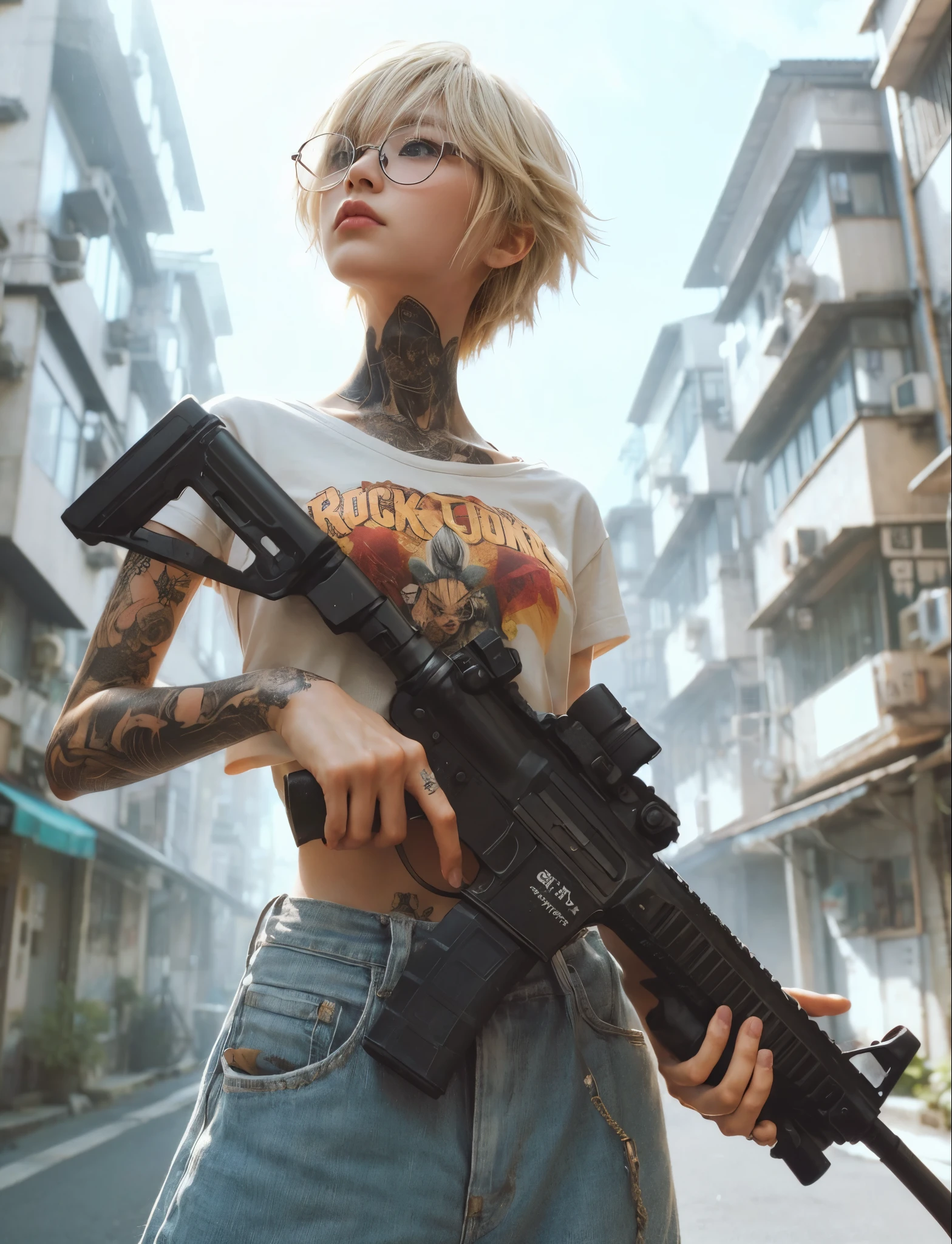 8K, realistic photo, realistic skin texture, Beautiful Japanese female vigilante living in America、A little bit into the future、2050、Blonde punkish hair、rocktshirt、MP5A has a submachine gun、A street lined with old apartments、sneakers、Dynamic pose、Tattoo、Innovative composition、、Glasses