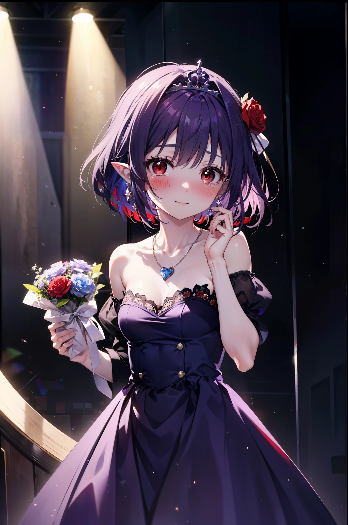 yuukikonno, Yuki Konno,Long Hair, tiara,Pointy Ears, Purple Hair, (Red eyes:1.5), (Small breasts:1.2), smile,Purple Dress,Purple long skirt,purple stiletto heels,No sleeve,Expose your shoulders,Bare arms,Bare neck,bare clavicle,She has a big bouquet of flowers in both hands..,There is a big cake on the table,Heart Necklace,Tears stream down her face,Tears of joy,I cry a lot,Looking up from below,
break indoors, venue,on stage,
break looking at viewer, Upper Body, (Cowboy Shot:1.5),
break (masterpiece:1.2), highest quality, High resolution, unity 8k wallpaper, (shape:0.8), (Beautiful details:1.6), Highly detailed face, Perfect lighting, Highly detailed CG, (Perfect hands, Perfect Anatomy),