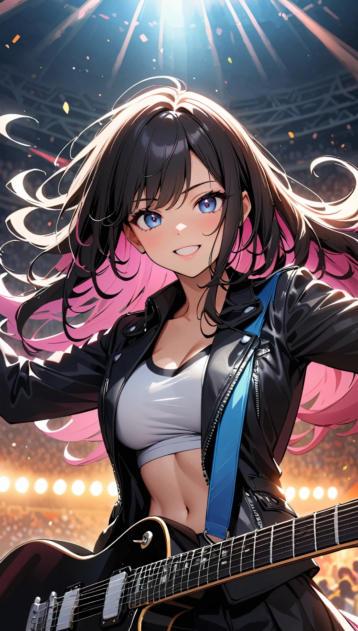 (highest quality:1.2, Very detailed, Latest, Vibrant, Ultra-high resolution, High Contrast, masterpiece:1.2, highest quality, Best aesthetics), Portrait、girl、singer、stage、performance、Rock Music、Bright colors、Beautiful detailed eyes、Beautiful detailed lips、Long Hair、Mike stand、Music band、Energetic pose、Concert Light、Smoke effect、 Edgy Style、leather jacket、Dynamic Movement、Hypnotic voice、Stadium、Amplifier、Noise々new crowd、Loud music、Electric guitar、Powerful vocals、情熱的なperformance、きらめくstage、Concert atmosphere、Music Festival、Full of emotion、Rock star attitude、Resolute expression、Ecstatic fans、魅力的なstageの存在、 Expressive gestures、Rock star aura、Electric atmosphere、Sing with heart and soul、An unforgettable show。