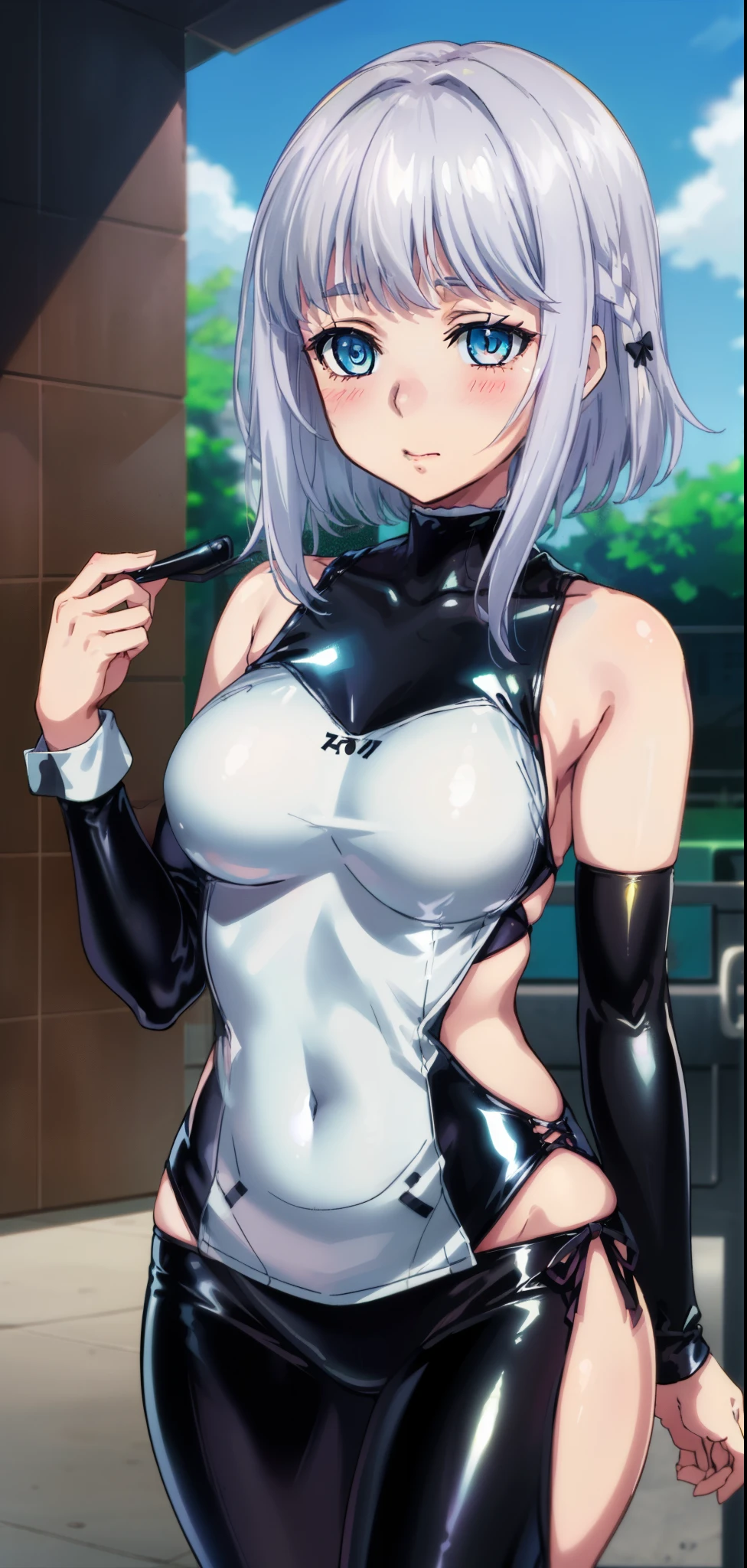 1 girl, kanon kanase, blush, medium , sleeveless,((cowboy_shot, latex clothes, random clothes)), ((((30-year-old,mature)ealthy skin.