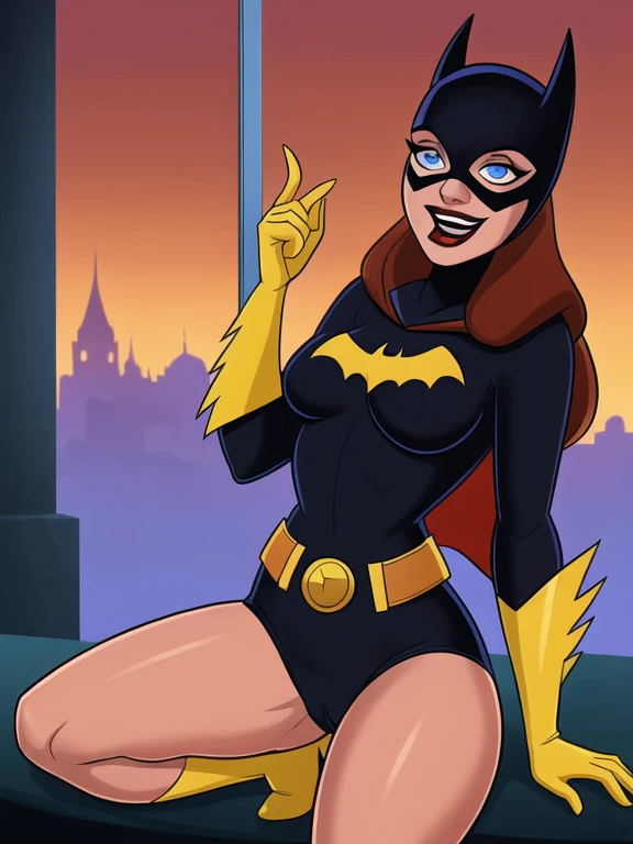 score_9, score_8_up, score_7_up, score_6_up, 1girl, solo, batgirl is sittingon her knees,hot fat thighs , mask, black lips, red hair, belt, (torn bodysuit), black bodysuit, sideboob, pointy breasts, cape, yellow gloves,in windowviewof gotham city, red sky, dirigible, (icy blue eyes) thin beautiful nose, open mouth,( on her knees) ripped suits,riding dick, screaming in agony