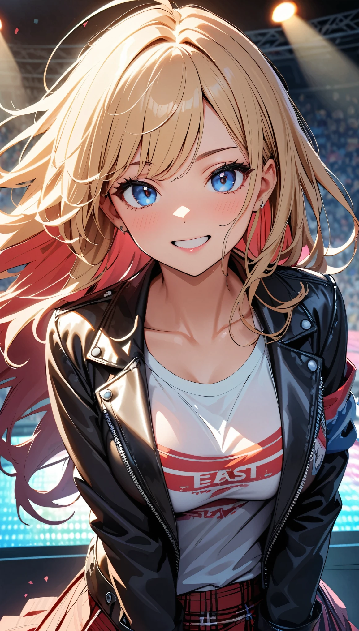 (highest quality:1.2, Very detailed, Latest, Vibrant, Ultra-high resolution, High Contrast, masterpiece:1.2, highest quality, Best aesthetics), Portrait、girl、singer、stage、performance、Rock Music、Bright colors、Beautiful detailed eyes、Beautiful detailed lips、Long Hair、Mike stand、Music band、Energetic pose、Concert Light、Smoke effect、 Edgy Style、leather jacket、Dynamic Movement、Hypnotic voice、Stadium、Amplifier、Noise々new crowd、Loud music、Electric guitar、Powerful vocals、情熱的なperformance、きらめくstage、Concert atmosphere、Music Festival、Full of emotion、Rock star attitude、Resolute expression、Ecstatic fans、魅力的なstageの存在、 Expressive gestures、Rock star aura、Electric atmosphere、Sing with heart and soul、An unforgettable show。