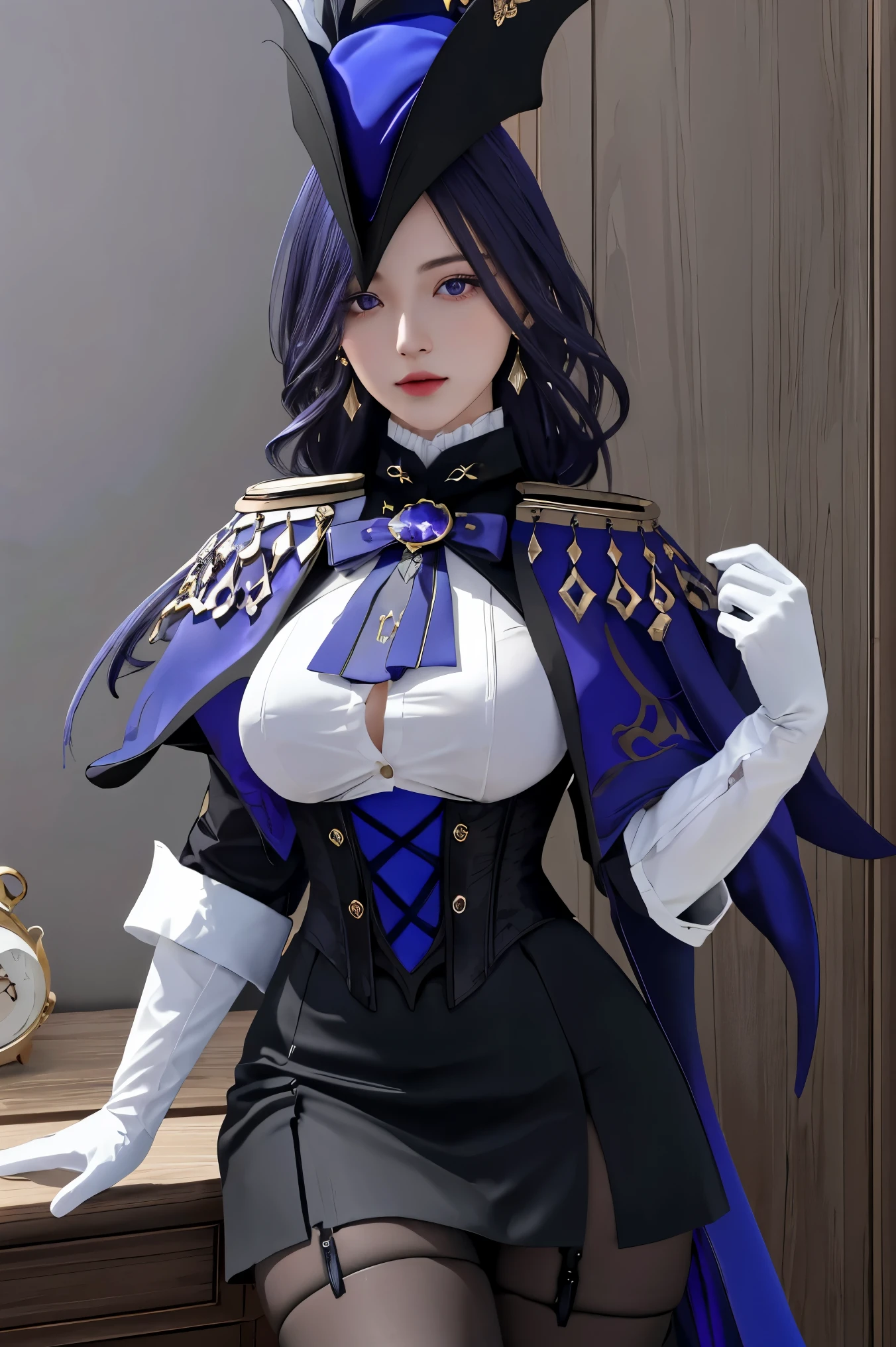 masterpiece, best quality, highly detailed, 1girl, solo, giclorinde, purple eyes, large breasts, hair between eyes, long hair, dark blue hair, earrings, black skirt, miniskirt, pantyhose, purple ascot, purple capelet, black corset, black pantyhose, black skirt, white gloves, hat, tricorne,