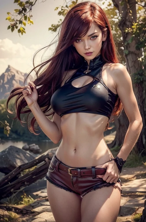high quality fingers, normal hands, detailed fingers, masterpiece, (realistic, photo-realistic: 1.37), (22 year old female), Katarina from League of Legends, big chest, short stature, dark red hair, blue eyes, beautiful face, perfect lighting, beautiful detailed eyes, looking at the viewer, incredibly beautiful woman, detailed hairstyle, detailed background, shorts, detailed fantasy background, (sweat: 1)