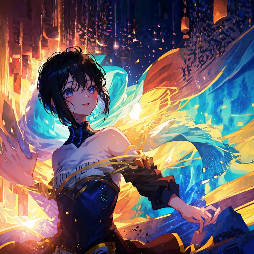 anime、beautiful girl、10 talents、Black Hair、A face that retains its youthfulness、short hair、Her hair is cut short, just short of her shoulders、Bright eyes、Sparkling eyes、Upper Body、A cheerful smile、dancing、Clear water flows like a waterfall、sunrise、rainbow、Fantastic World