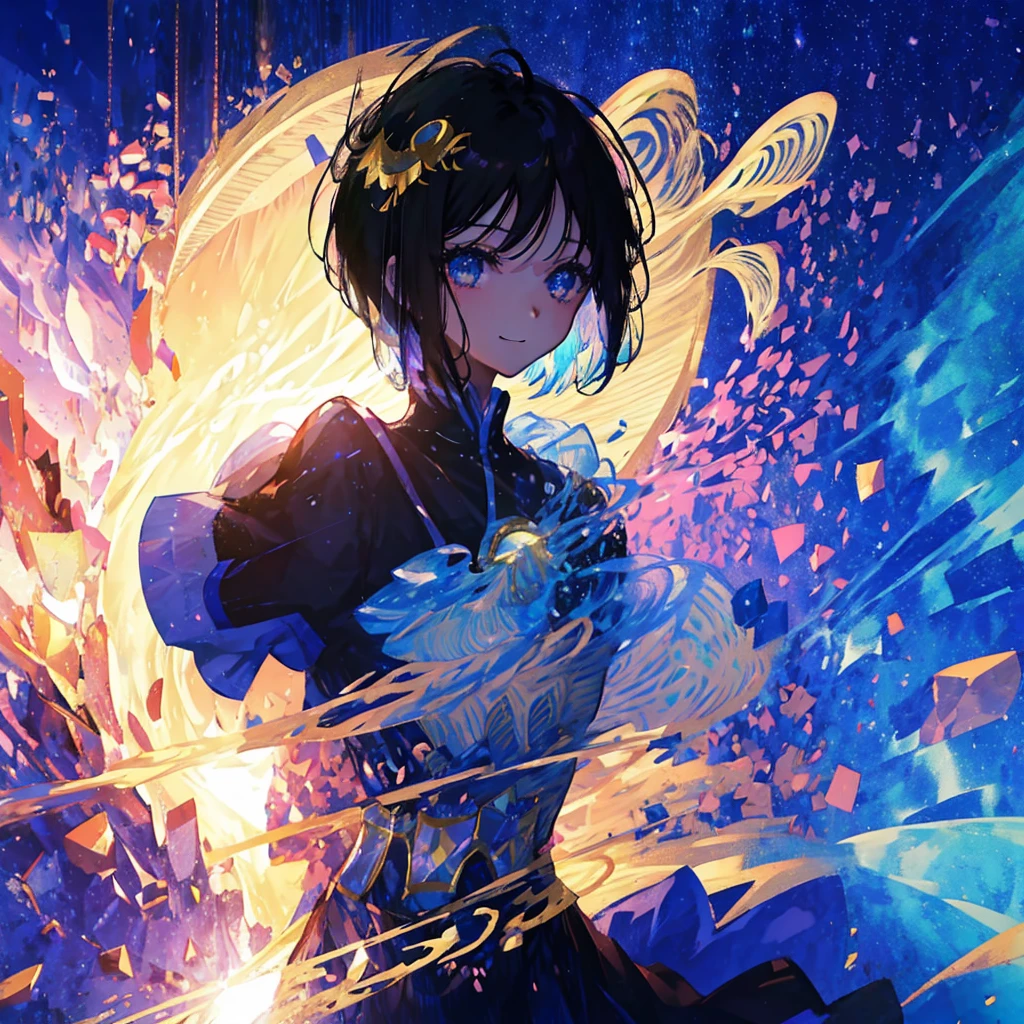 anime、beautiful girl、10 talents、Black Hair、A face that retains its youthfulness、short hair、Her hair is cut short, just short of her shoulders、Bright eyes、Sparkling eyes、Upper Body、A cheerful smile、profile、dancing、Clear water flows like a waterfall、Fantastic World、night、Starry Sky