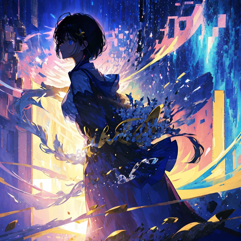 anime、beautiful girl、10 talents、Black Hair、A face that retains its youthfulness、short hair、Her hair is cut short, just short of her shoulders、Bright eyes、Sparkling eyes、Upper Body、A cheerful smile、profile、dancing、Clear water flows like a waterfall、Fantastic World、night、Starry Sky