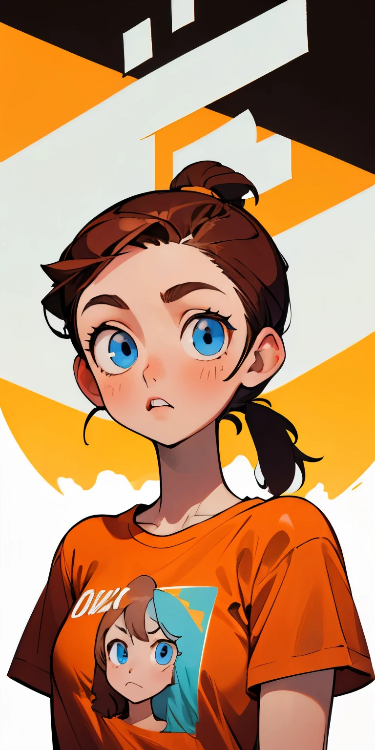 Young woman, brown hair pulled back into a low ponytail, Blue eyes, orange t-shirt