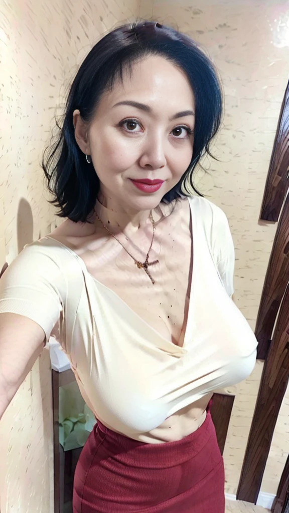 1 Chineae Mature , sexy , 55 years , hourglass , perky natural breasts , perfect breasts , fit body , Waves hair , narrow-oval , seductive smile , gorgeous face , top model , hazel eyes , seductive , university , sexy pose , realism , glasses , cartilage piercing , ear lobe piercing , sweater , see-through skirt