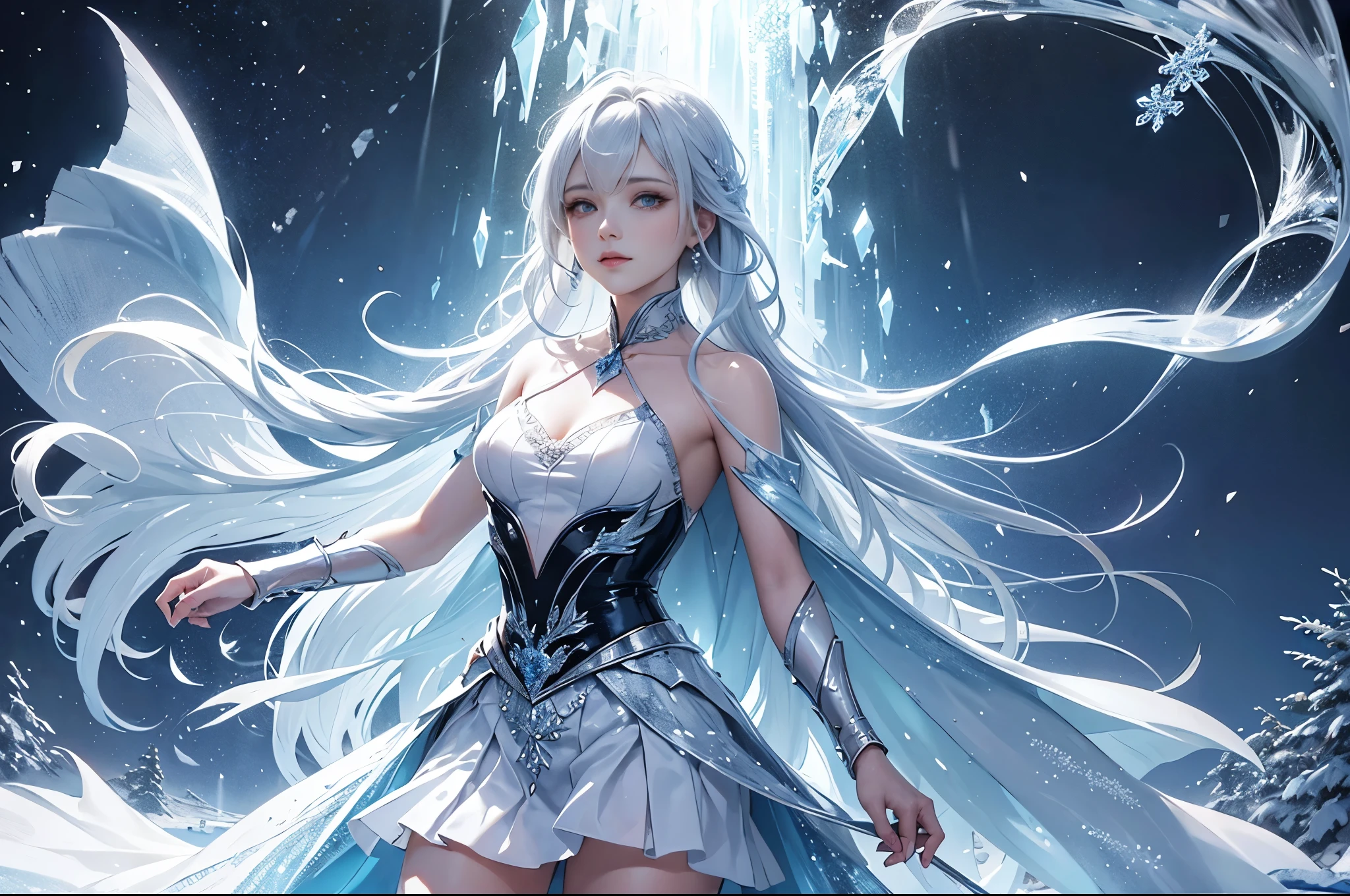 wood, Detailed mini ice spikes and crystals, Frozen waterfall as background, Light reflected on ice crystals, Flowing snowflakes.Beautiful woman、cutegirl,Realistic people
