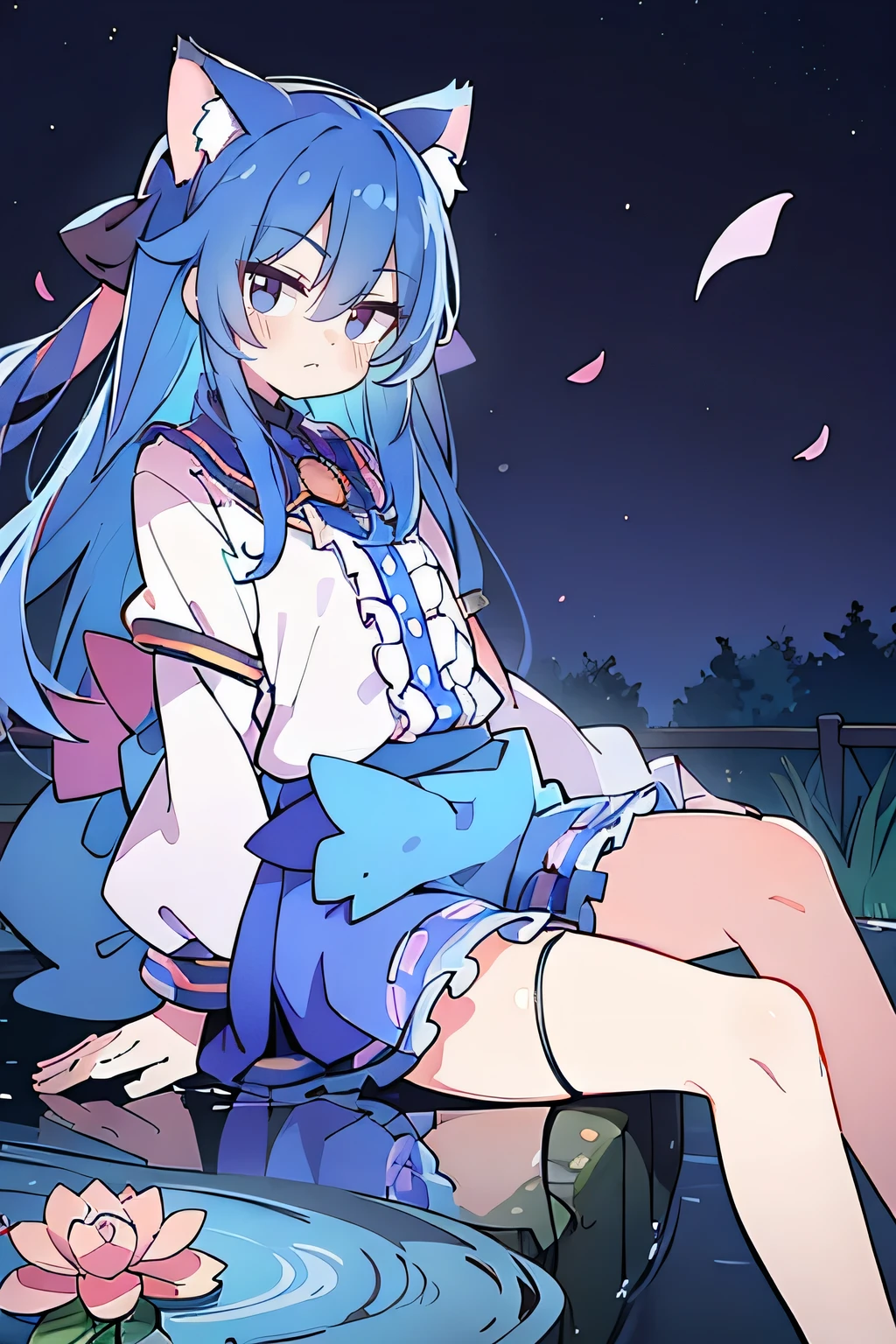 (masterpiece:1.2),ultra-detailed,realistic,expressive eyes,fair-skinned,perfectly shaped face,1girl,
Japanese cartoons,Gorgeous blue hair, flowing blue hair,floating clothes,cat ears,petals falling,beautiful Lola,Hina Angel,
hands on waist,gracefully sitting on the ground,legs crossed,gentle and serene background,cool and comfortable pavilion,night ,