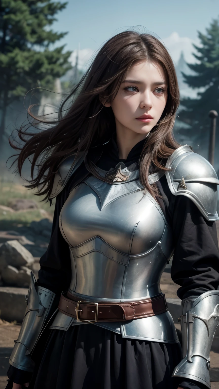 (masterpiece:1.2), (highest quality:1.2), Perfect Eyes, Perfect Face, Volumetric lighting, One girl, Mature Female Warrior Nun, Mature Woman, armor, Robe, Brown Hair, Shoulder rest, sword, belt, Stern expression, Fantasy, Outdoor, Detailed Background, compensate, lipstick, eye shadow, mascara, Thick eyelashes、boots、Long skirt、Are standing、battle、battle中、Uplifting、