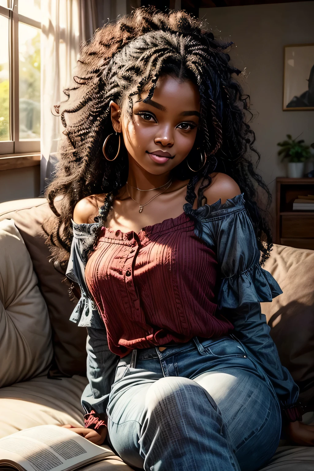 In the heart of a cozy living room, a lovely 9-month-old Afro-American girl named Ava, with a skin tone as dark as the night, sits on a plush sofa. Her chubby cheeks are pressed against the cushion, and her eyes sparkle with excitement as she scribbles on a notebook. A smile as soft as a cloud graces her lips, revealing her tiny teeth. She is dressed in a trendy red blouse and jeans, adding modern charm to the scene. Her long, luxurious hair, made of Kanekalon, is beautifully styled, cascading down her back in intricate curls.
The cinematic contour lighting bathes