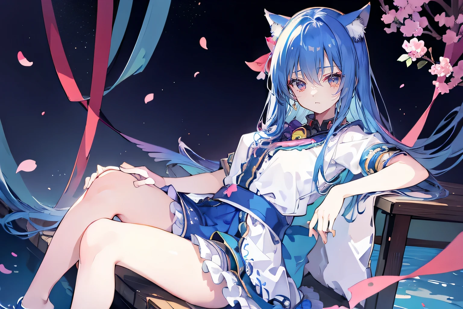 (masterpiece:1.2),ultra-detailed,realistic,expressive eyes,fair-skinned,perfectly shaped face,1girl,
Japanese cartoons,Gorgeous blue hair, flowing blue hair,floating clothes,cat ears,petals falling,beautiful Lola,Hina Angel,
hands on waist,gracefully sitting on the ground,legs crossed,gentle and serene background,cool and comfortable pavilion,night ,