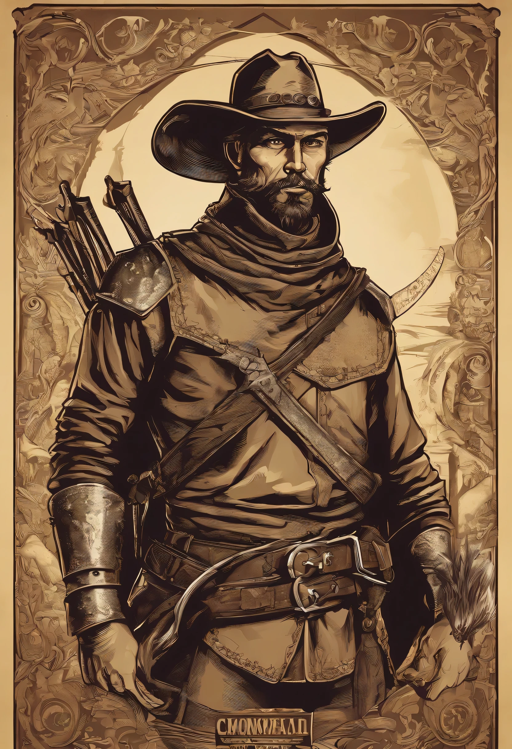 portrait of a medieval cowboy, condescending look, cool espada figure, holding crossbow, portrait of a medieval man, he is ugly, dungeons and dragons artstyle