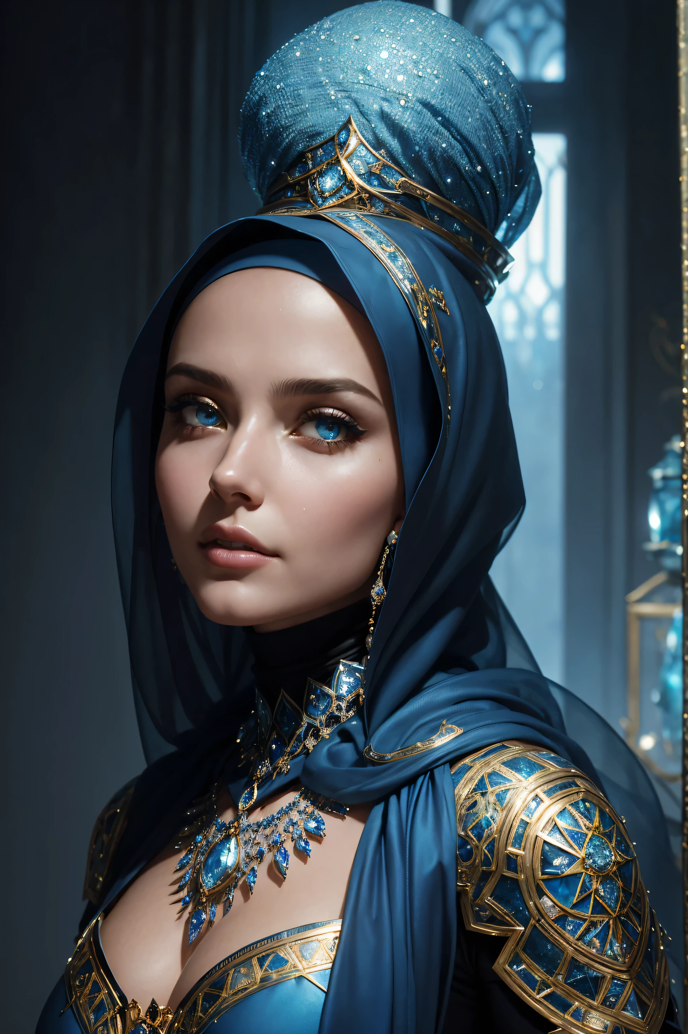A seksi beautiful Anya Chipovskaya wearing a hijab made of blue with jewelry and diamonds as room in rome profile picture by greg rutkowski, dynamic pose, intricate, futuristic, fantasy, elegant, by stanley artgerm lau, greg rutkowski, thomas kindkade, alphonse mucha, loish, norman rockwell