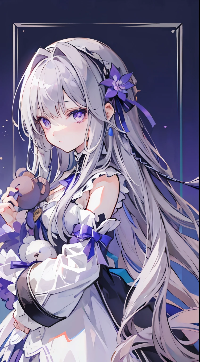 Highest quality,Girl,Silver Hair,Long Hair,Straight Hair,Purple Eyes,Teddy bear