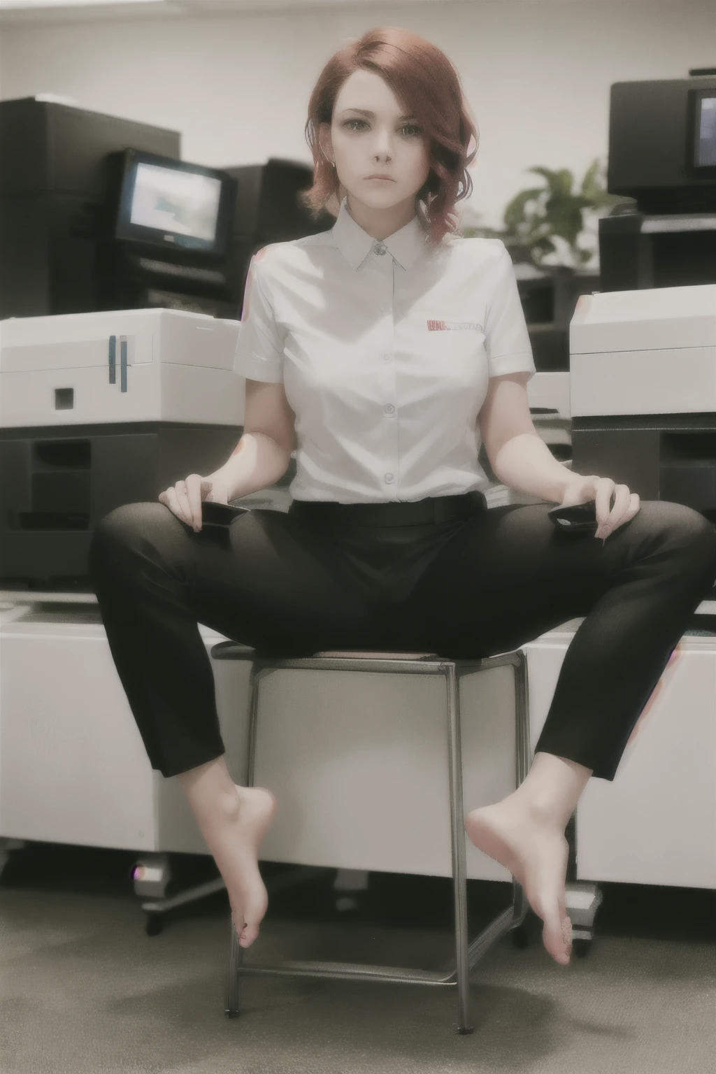 jesseC_soul3142, black pants, red hair, shirt, white shirt, short hair
beautiful, masterpiece, best quality, office, ((copy machine)), sad,no shoes , bare feet