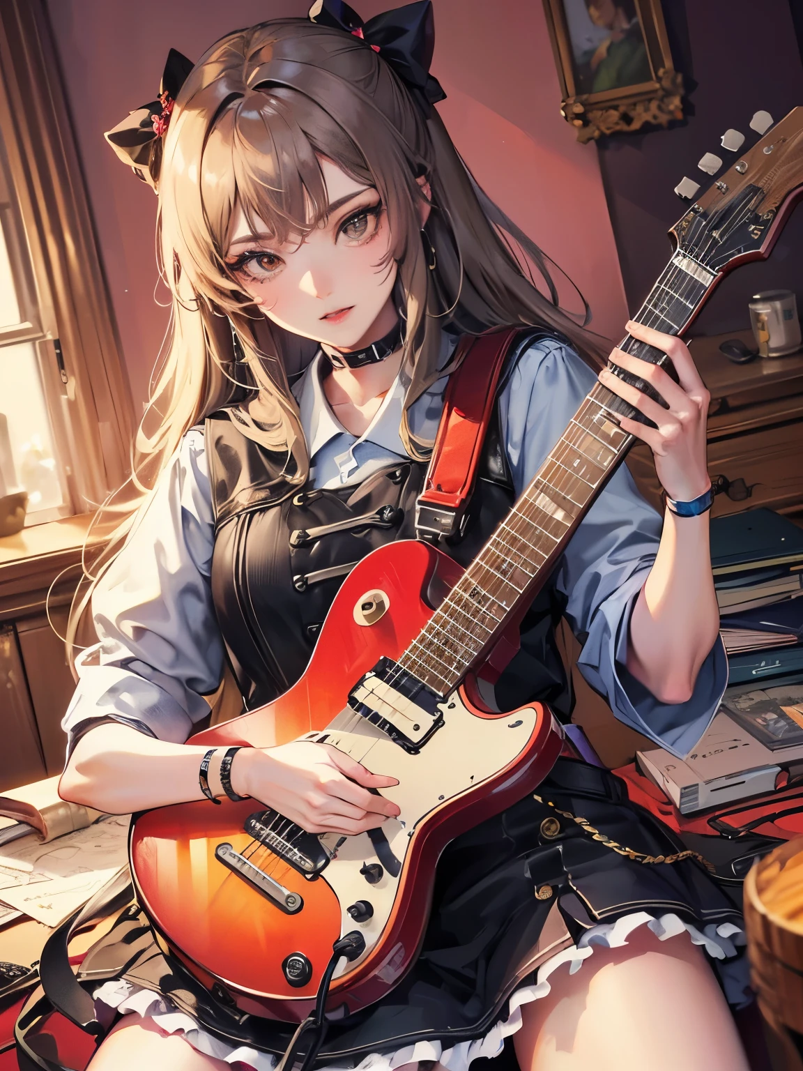 ((highest quality)),(Ultra-high resolution),(Very detailed),(Detailed Description),((The best CG)),(masterpiece),Highly detailed art,Amazing drawing art,(Art with exquisite detail:1.5), (Female guitarist playing guitar:1.6),
