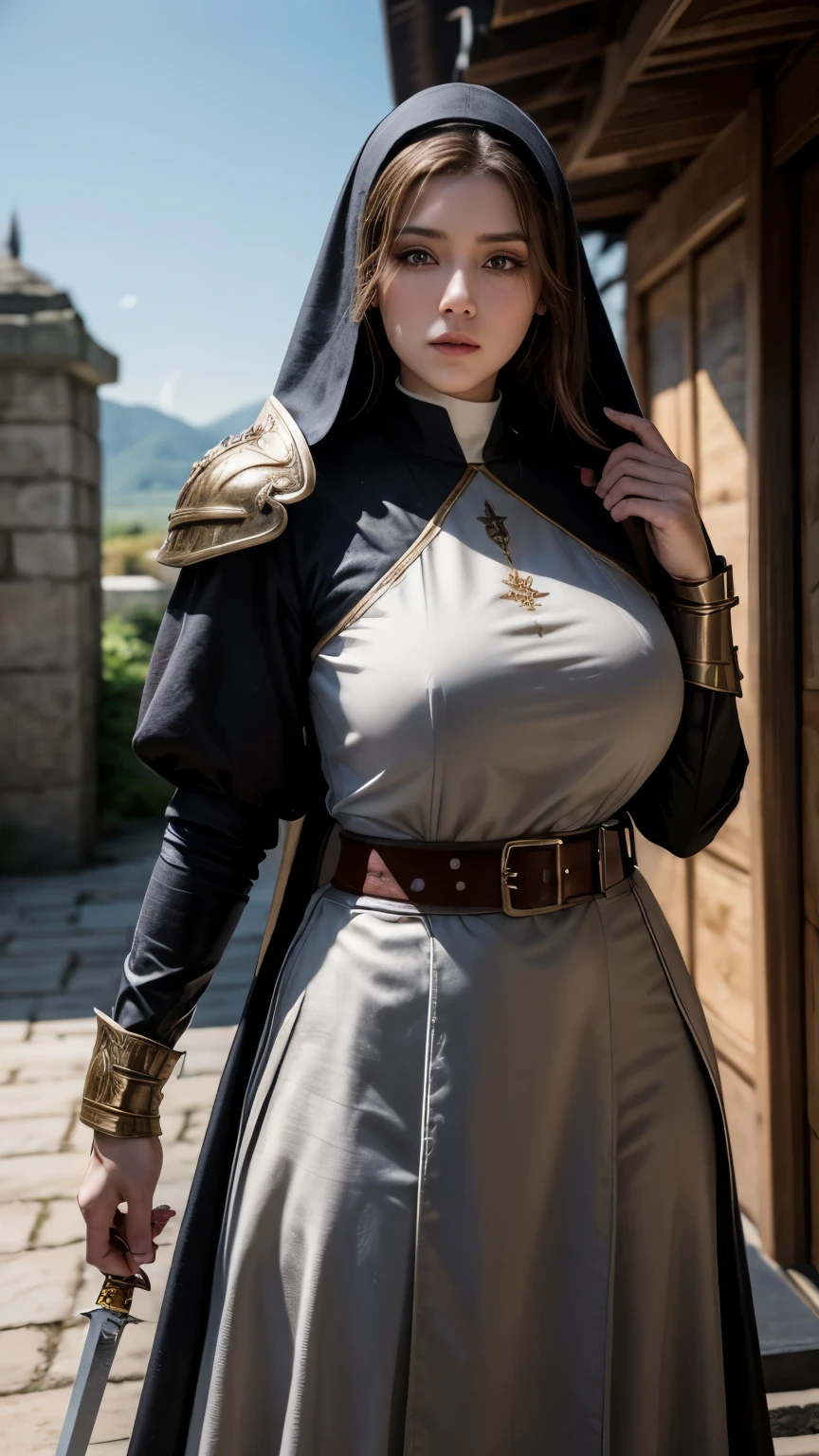 (masterpiece:1.2), (highest quality:1.2), Perfect Eyes, Perfect Face, Volumetric lighting, One girl, Mature Female Warrior Nun, Mature Woman, armor, Robe, Brown Hair, Shoulder rest, sword, belt, Stern expression, Fantasy, Outdoor, Detailed Background, compensate, lipstick, eye shadow, mascara, Thick eyelashes、whole body、boots、Long skirt、Are standing、battle、battle中、Big Breasts、