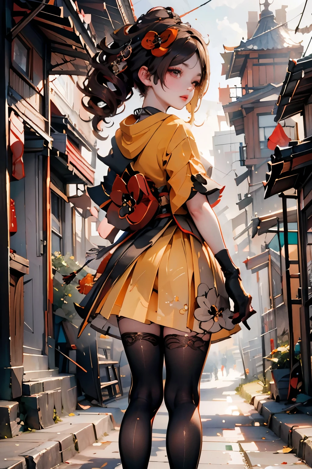 [chiori]:1.5,((masterpiece,highest quality,Highly detailed images,Beautiful images))1.4(chiori images、Edo cityscape、The wind is blowing、Overall dim lighting、Backlight、A fantastic atmosphere、Thick Fog、Dust flutters)1.3,(standing,Close-up image of chiori)1.1、(forearm gloves, lace pantyhose, heelless heels):1.2
