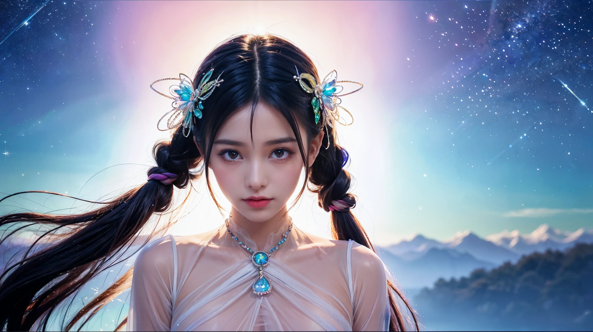 A story of a beautiful girl surrounded by love, Braided pigtails Beautiful eye details, An enchanting anime girl gracefully emerges from the watercolor page, Her vibrant and complex colors, Bring your artwork to life, (See-through, transparent clothing, Transparent costume:1.5), She wears a fantasy see-through outfit with transparent breasts adorned with delicate details, Fascinating worldview, Luminous body, Glittering crystals surround her like air., Soft Cast, Otherworldly brilliance, Watercolor style、Give your images fluidity and delicacy, It's as if the colors are blending and blending naturally., Camera shooting: Medium Shot, Soft Focus, Illuminate Lighting, Watercolor brush strokes, Refined and highly detailed anime illustrations, Open-chested outfit, Iridescent colors, A beautiful girl illuminated by rainbow lights,Flat Chest