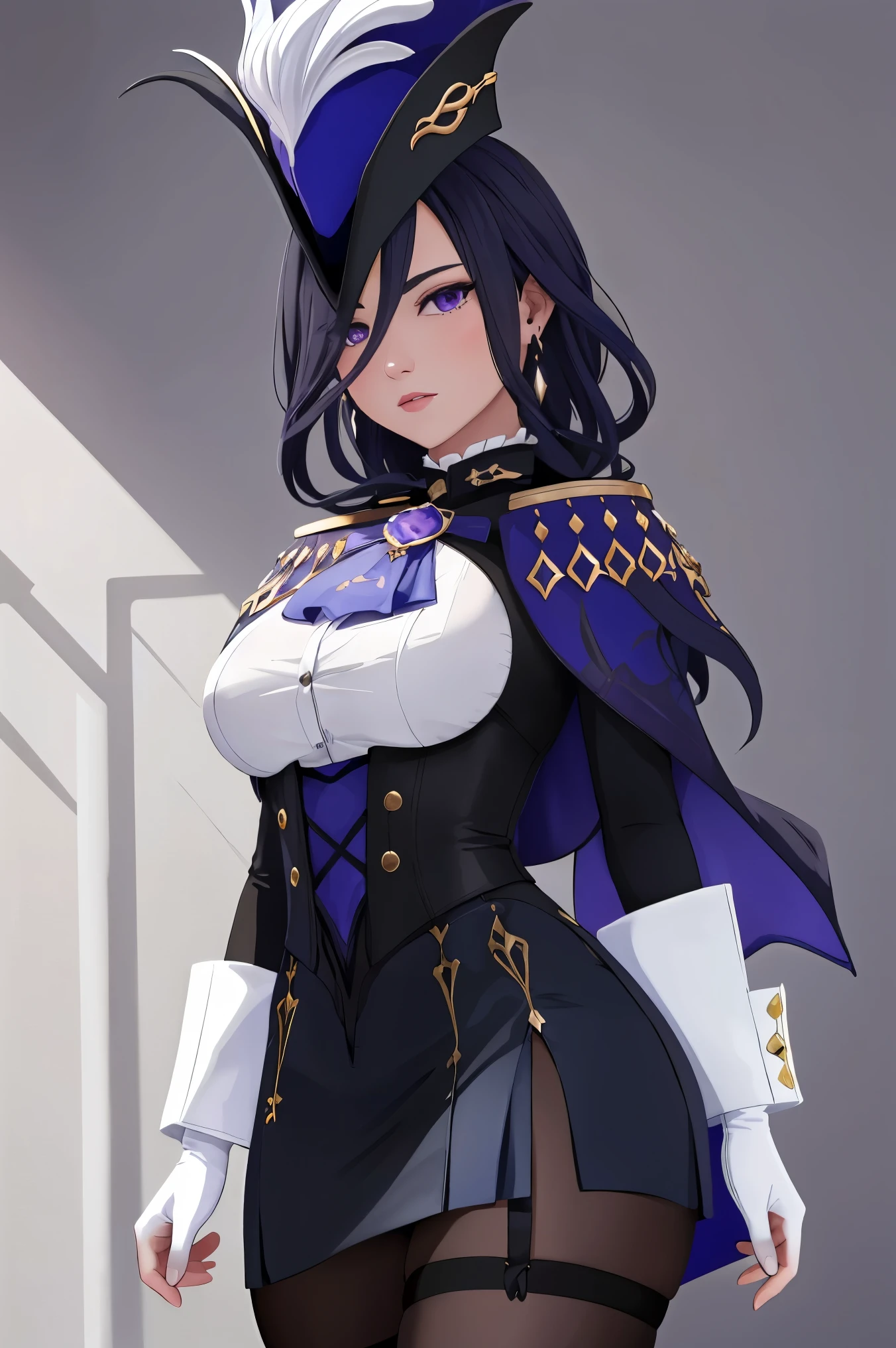 masterpiece, best quality, highly detailed, 1girl, solo, giclorinde, purple eyes, large breasts, hair between eyes, long hair, dark blue hair, earrings, black skirt, miniskirt, pantyhose, purple ascot, purple capelet, black corset, black pantyhose, black skirt, white gloves, hat, tricorne,