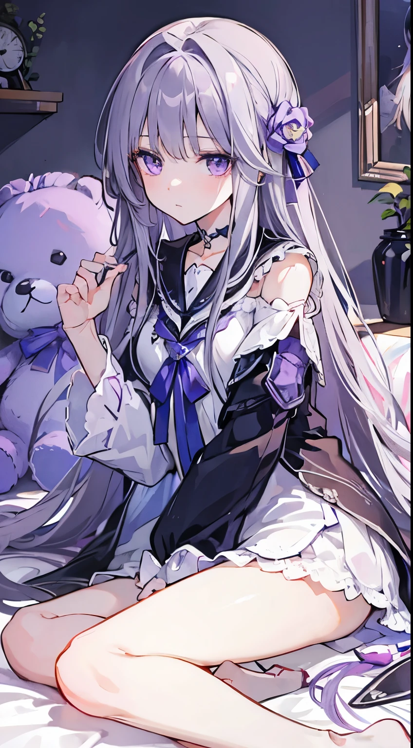 Highest quality,Girl,Silver Hair,Long Hair,Straight Hair,Purple Eyes,Teddy bear,Bedroom,pajamas