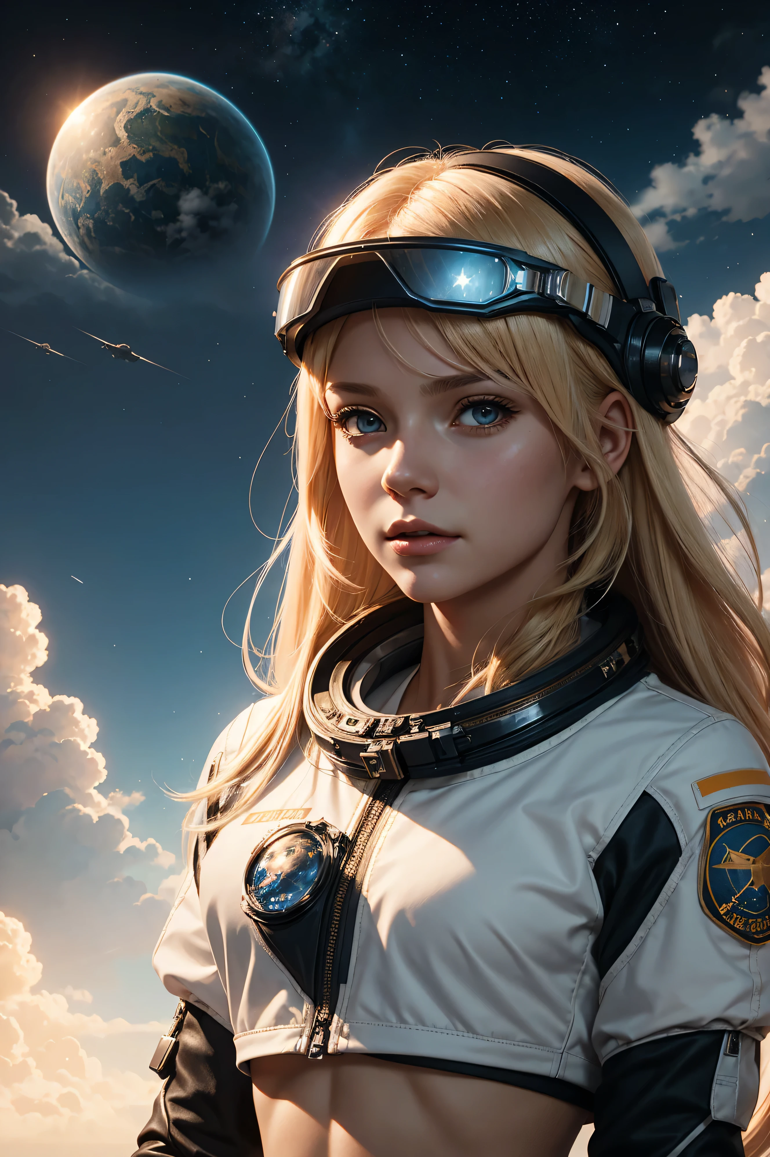 portrait of a blond hair Anya Chipovskaya with astronaut helmet walking, visor, stars, planet, clouds, crop top, abs, wlop, rossdraws, artgerm, artstation, greg rutkowski