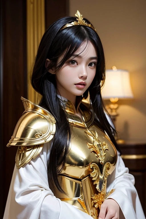 Attractive and famous Japanese model, Shiny, straight, short black hair, Close-up of a woman in gold with a white cape, Beautifully patterned gold armor, Sailor Galaxia, God Emperor of Mankind, Golden Armor, Saint Seiya, Gold Paladin, ライトGold Armor, welcome, Dressed in gold armor, Golden Armorを着て, Gold Armor, Wearing golden armor, The welcomes of gold, Charismatic, Model standing,The whole body shines like a diamond,