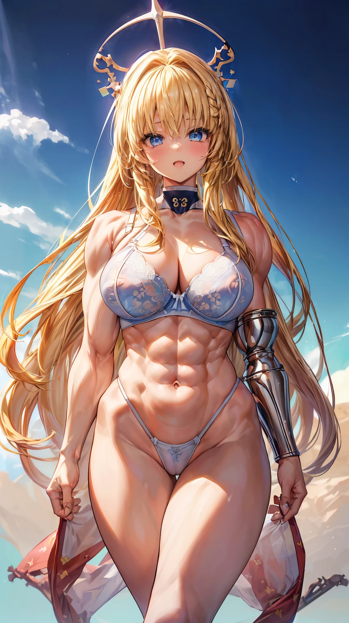Very detailed、highest quality、Best image quality、masterpiece、8k、Anime Face、A kind smile、(Open your mouth:1.3)、Sparkling blue eyes、(Blonde semi-long hair:1.5)、(Muscles of the whole body:1.3)、(highleg:2.0)、Thigh belt、(Upper body photo:1.5)、(SFW Giant)、(Thick body:1.2)、(bra:1.5)、(sxspnts)