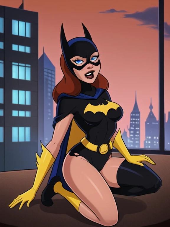 score_9, score_8_up, score_7_up, score_6_up, 1girl, solo, batgirl is sittingon her knees,hot fat thighs , mask, black lips, red hair, belt, (torn bodysuit), black bodysuit, sideboob, pointy breasts, cape, yellow gloves,in windowviewof gotham city, red sky, dirigible, (icy blue eyes) thin beautiful nose, open mouth,rolling eyes ,( on her knees) ripped suits,riding dick