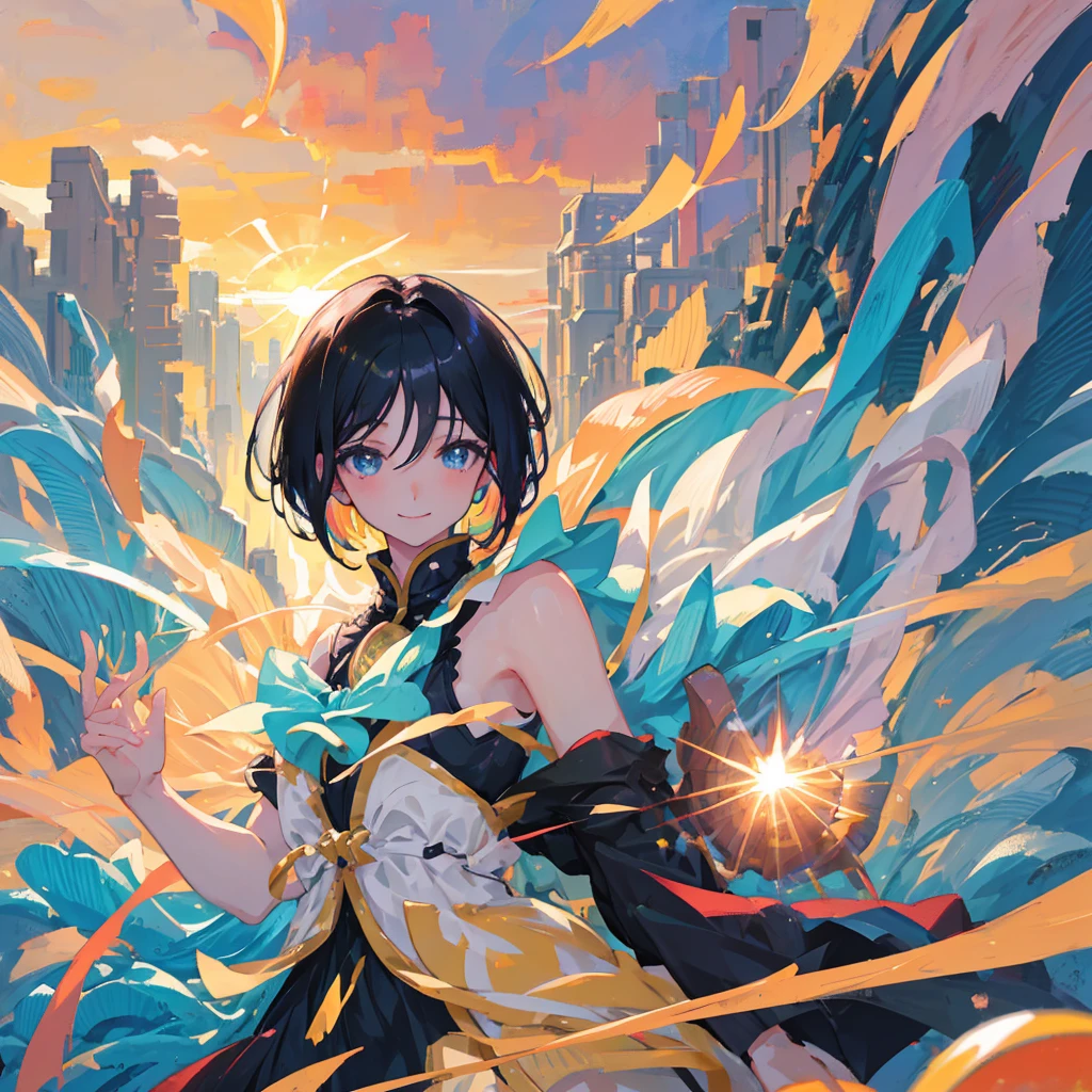 anime、beautiful girl、10 talents、Black Hair、A face that retains its youthfulness、short hair、Her hair is cut short, just short of her shoulders、Bright eyes、Sparkling eyes、Upper Body、A cheerful smile、dancing、Clear water flows like a waterfall、sunrise、rainbow、Fantastic World