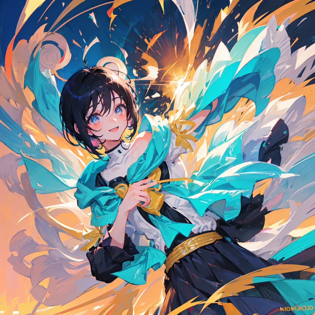 anime、beautiful girl、10 talents、Black Hair、A face that retains its youthfulness、short hair、Her hair is cut short, just short of her shoulders、Bright eyes、Sparkling eyes、Upper Body、A cheerful smile、dancing、Clear water flows like a waterfall、sunrise、rainbow、Fantastic World