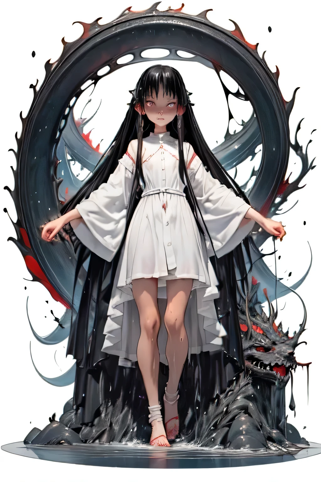 horror movie shot of repugnante girl, samara the ring, with black hair covering the face, wet, barefoot, wet white dress, samara morgan, sadako,front, holding a black VHS, angry.