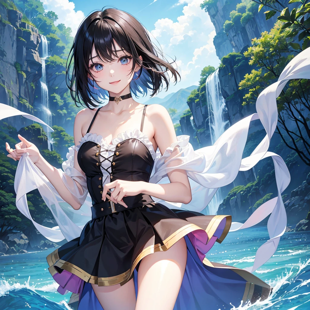 anime、beautiful girl、10 talents、Black Hair、A face that retains its youthfulness、short hair、Her hair is cut short, just short of her shoulders、Bright eyes、Sparkling eyes、Upper Body、A cheerful smile、dancing、Clear water flows like a waterfall、sunrise、rainbow、Fantastic World