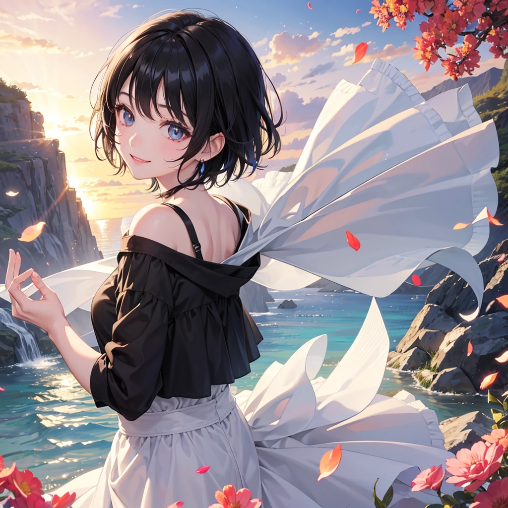 anime、beautiful girl、10 talents、Black Hair、A face that retains its youthfulness、short hair、Her hair is cut short, just short of her shoulders、Bright eyes、Sparkling eyes、Upper Body、A cheerful smile、dancing、Clear water flows like a waterfall、sunrise、rainbow、Fantastic World