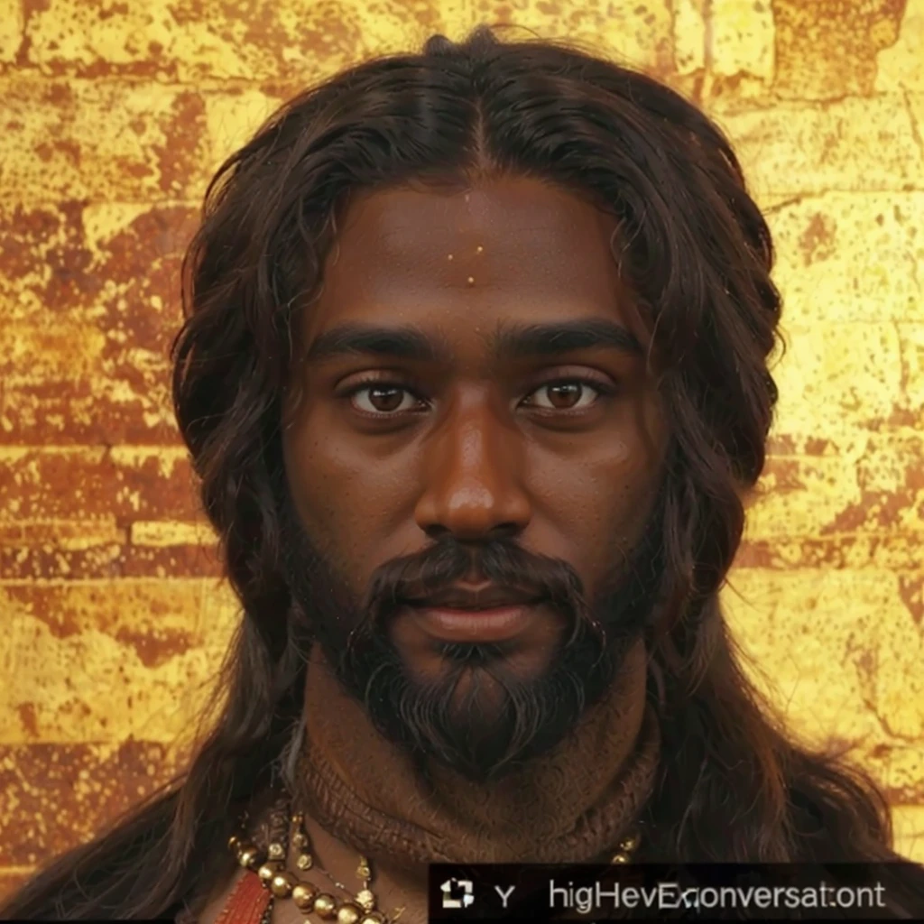 real life a person with a beard, dark brown skin tone, ancient biblical, wooly hair amber brown eyes, a normal person feom t century a.d., realistic