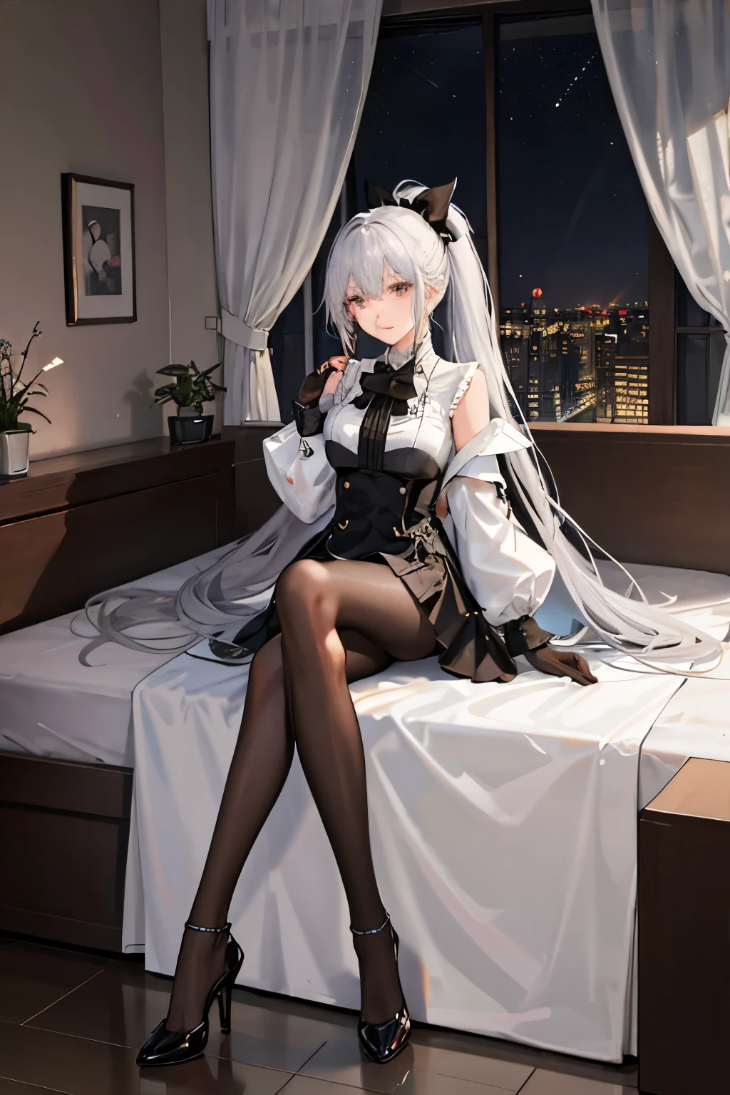 1个Giant Breast Girl)),(Dim Lights),Night,[Detailed background(bedroom)),((Silver hair)),((Silver hair)),(((((Fluffy silver hair,Plump girl))Wearing a high ponytail)))避免在凶险的bedroom里使用金色眼睛((((Girl wearing black high-waisted pants with delicate embroidery and black pantyhose)Long legs,And white ruffled bow gloves),Show off a delicate, slender figure and graceful curves,Correct limbs,Sitting on the bed,Place your hands naturally,One foot is wearing high heels,A high-heeled shoe was placed beside her.