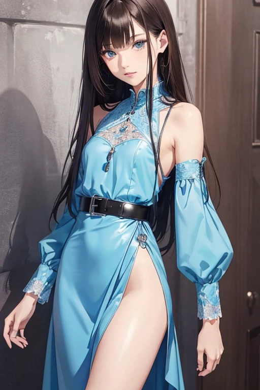 masterpiece++, best quality++, ultra-detailed+, extremely detailed++, 4K, 8K+, best quality, beautiful+, anime style,1person,full body image,room,girly blue mimi onepiece dress,leather belt,tight belt,beautiful straight brown hair,beautiful blue eyes, beautiful eyes++,long straight hair