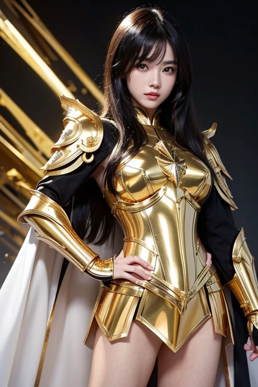 Attractive and famous Japanese model, Shiny, straight, short black hair, Close-up of a woman in gold with a white cape, Beautifully patterned gold armor, Sailor Galaxia, God Emperor of Mankind, Golden Armor, Saint Seiya, Gold Paladin, Light Gold Armor, welcome, Dressed in gold armor, Wearing golden armor, Gold Armor, Wearing golden armor, The welcomes of gold, Charismatic, Model standing,The whole body shines like a diamond,