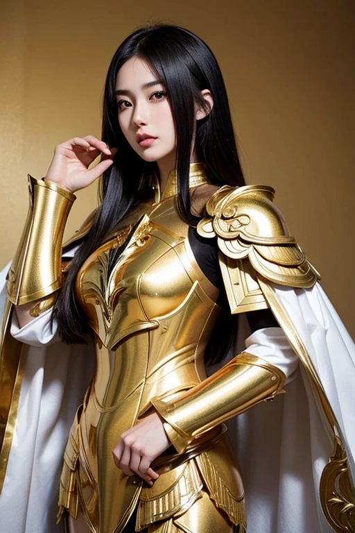 Attractive and famous Japanese model, Shiny, straight, short black hair, Close-up of a woman in gold with a white cape, Beautifully patterned gold armor, Sailor Galaxia, God Emperor of Mankind, Golden Armor, Saint Seiya, Gold Paladin, Light Gold Armor, welcome, Dressed in gold armor, Wearing golden armor, Gold Armor, Wearing golden armor, The welcomes of gold, Charismatic, Model standing，The whole body shines like a diamond，