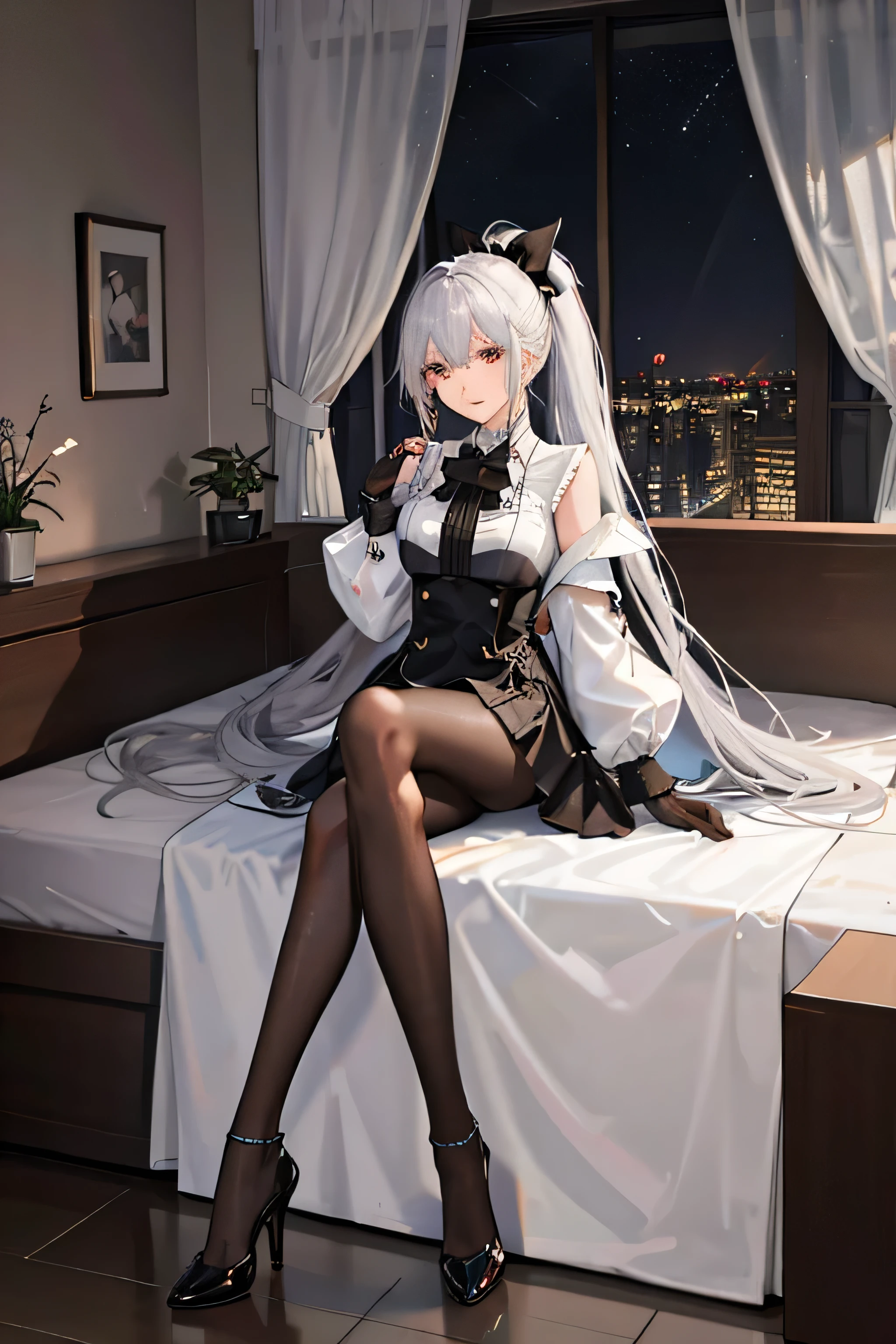 1个Giant Breast Girl）），（Dim Lights），Night，[Detailed background（bedroom）），（（Silver hair）），（（Silver hair）），（（（（（Fluffy silver hair，Plump girl））Wearing a high ponytail）））Avoid using golden eyes in a sinister bedroom（（（（Girl wearing black high-waisted pants with delicate embroidery and black pantyhose）Long legs，And white ruffled bow gloves），Show off a delicate, slender figure and graceful curves，Correct limbs，Sitting on the bed，Place your hands naturally，One foot is wearing high heels，A high-heeled shoe was placed beside her.