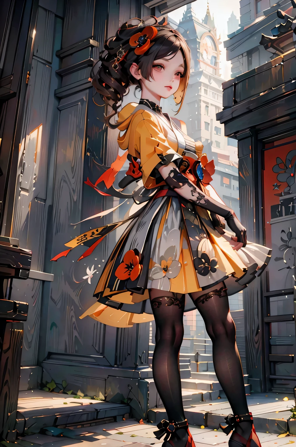 [chiori]:1.5,((masterpiece,highest quality,Highly detailed images,Beautiful images))1.4(chiori images、Edo cityscape、The wind is blowing、Overall dim lighting、Backlight、A fantastic atmosphere、Thick Fog、Dust flutters)1.3,(standing,Close-up image of chiori)1.1、(forearm gloves, lace pantyhose, heelless heels):1.2
