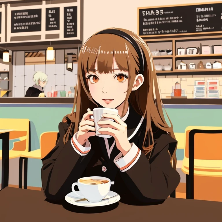 Please draw an anime style of a half-Russian high school girl having coffee time in a cafe..。