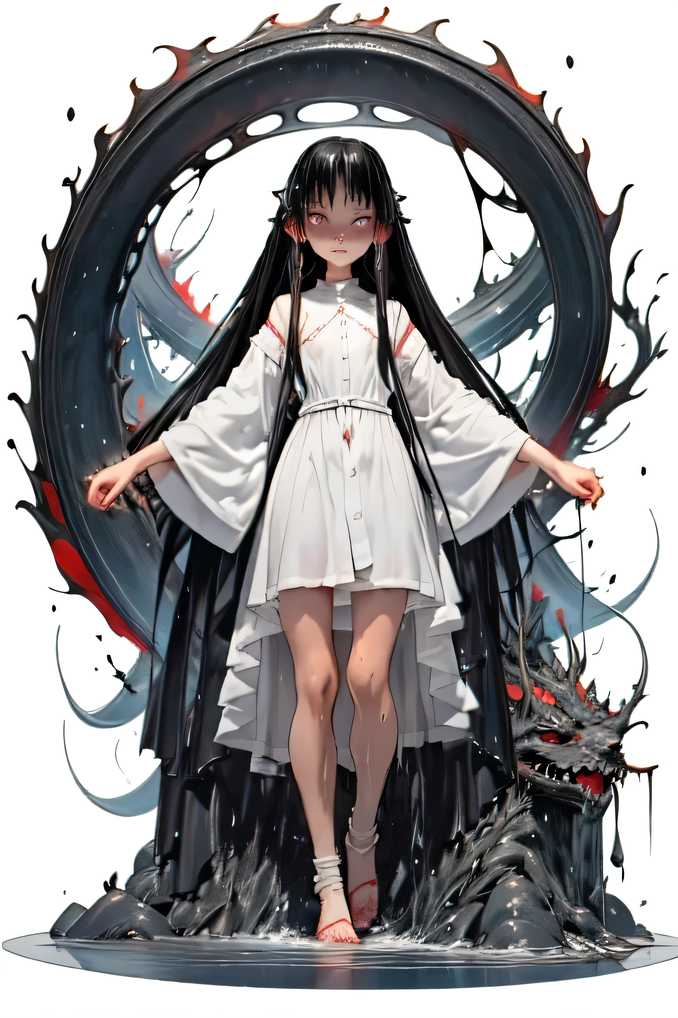 horror movie shot of repugnante girl, samara the ring, with black hair covering the face, wet, barefoot, wet white dress, samara morgan, sadako,front, holding a black VHS, angry.