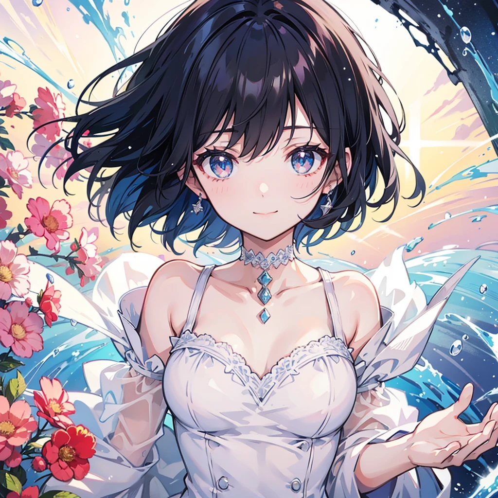 anime、beautiful girl、10 talents、Black Hair、A face that retains its youthfulness、short hair、Her hair is cut short, just short of her shoulders、Bright eyes、Sparkling eyes、Upper Body、A cheerful smile、dancing、Clear water flows like a waterfall、sunrise、rainbow、Fantastic World