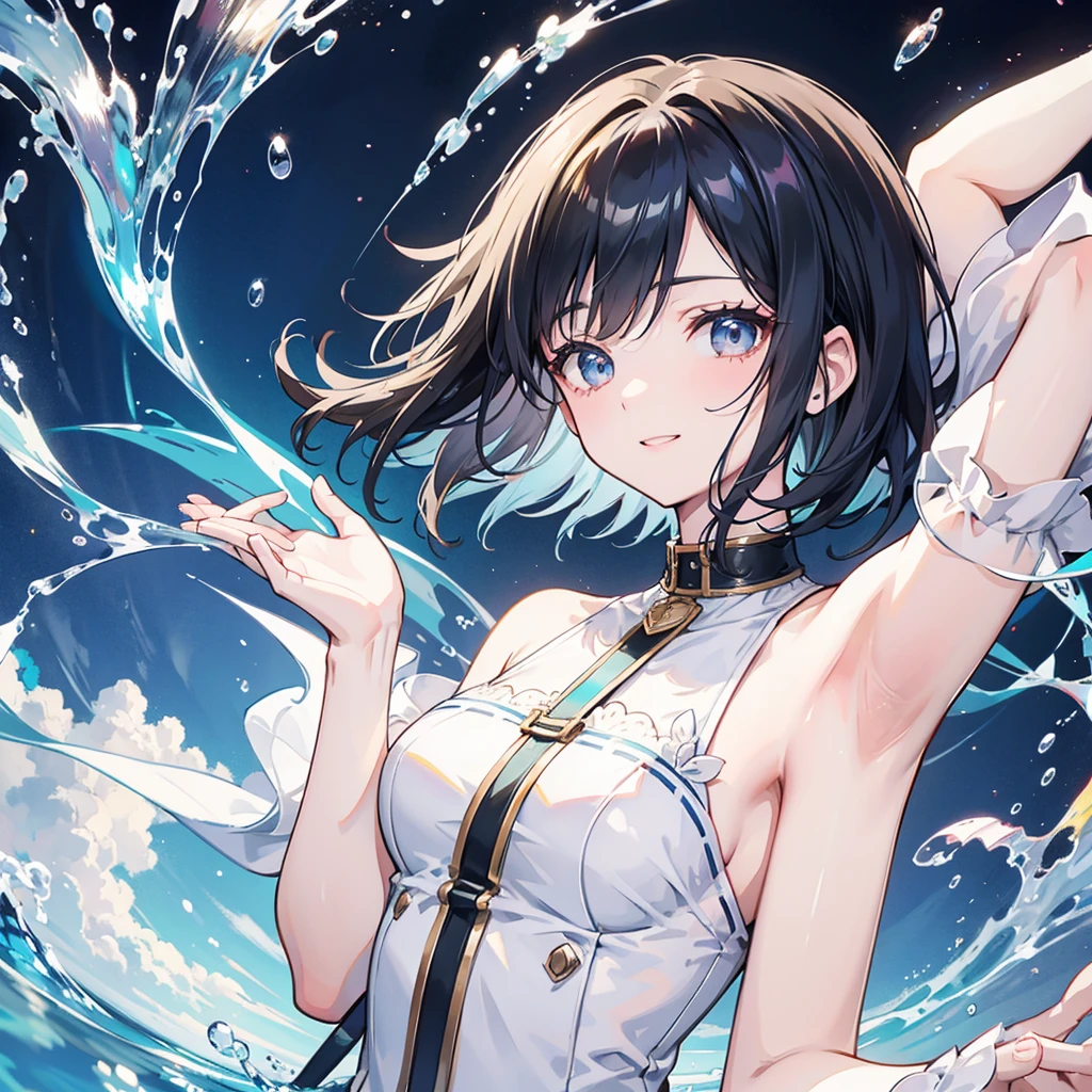 anime、beautiful girl、10 talents、Black Hair、A face that retains its youthfulness、short hair、Her hair is cut short, just short of her shoulders、Bright eyes、Sparkling eyes、Upper Body、A cheerful smile、dancing、Clear water flows like a waterfall、sunrise、rainbow、Fantastic World