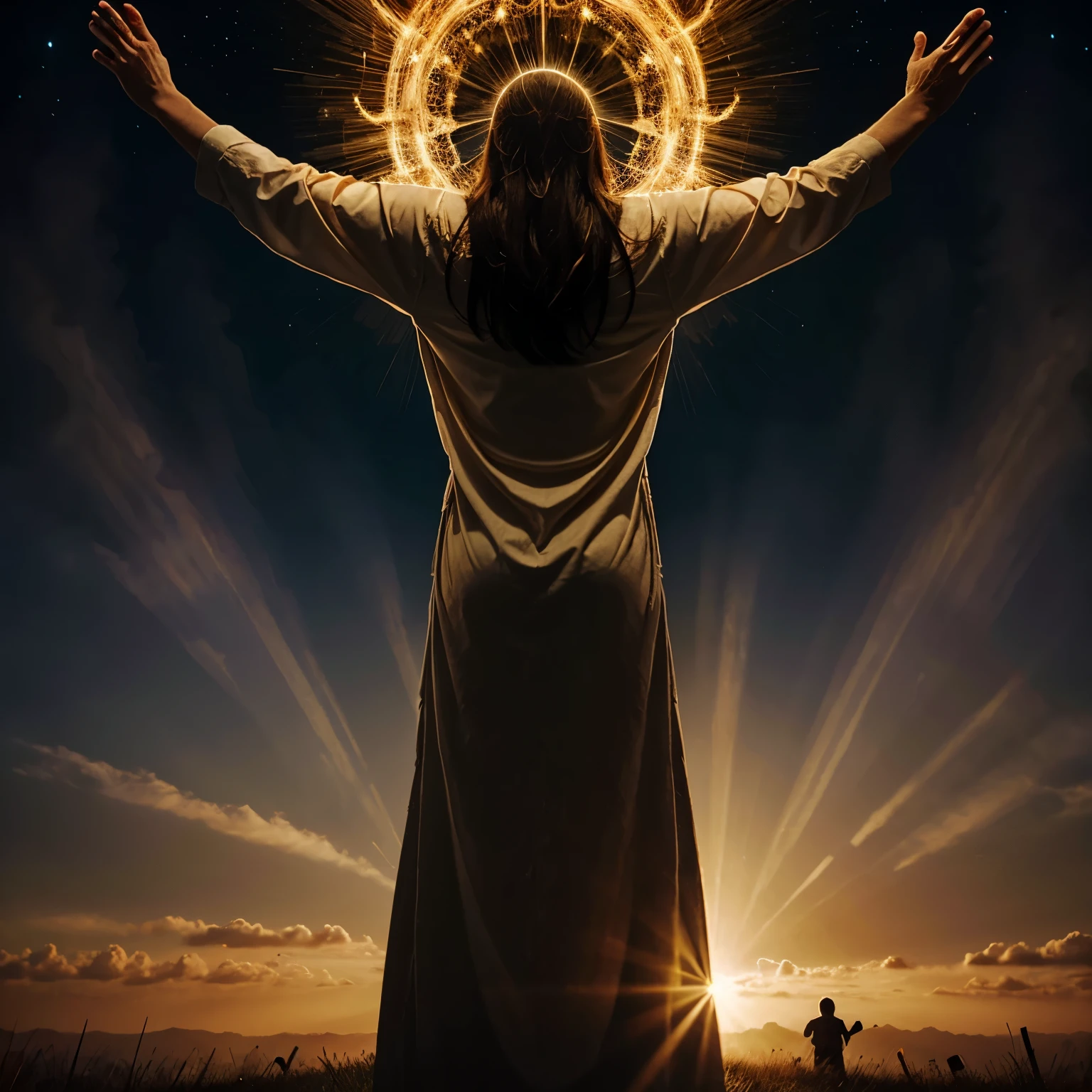 God coming down from heaven to hug a man