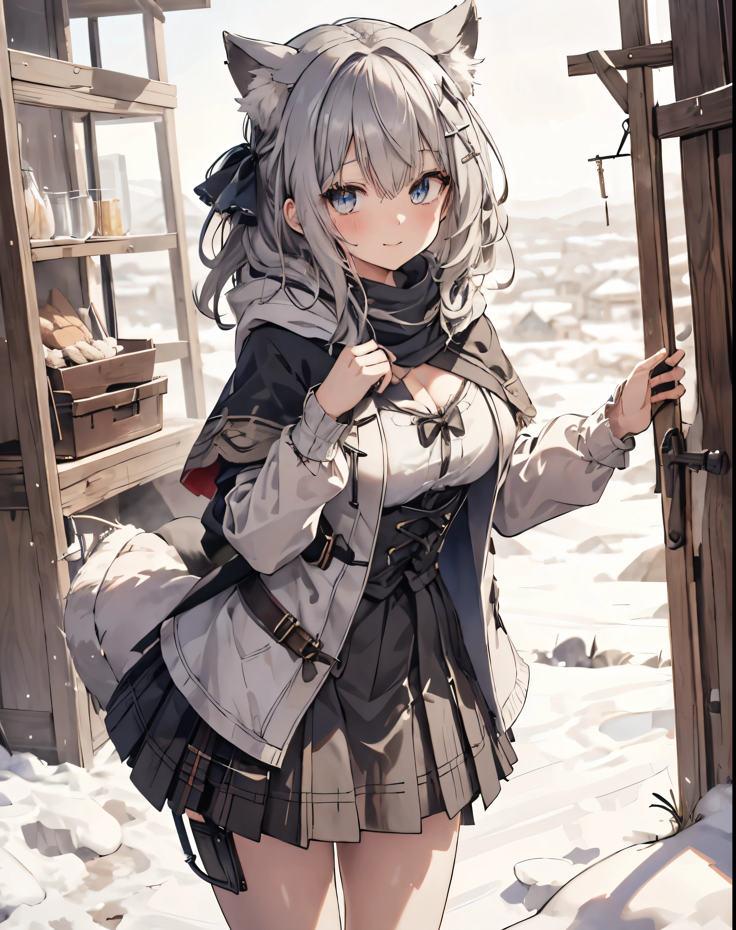masterpiece,1girl, sparrow, a silver haired girl, wearing a medieval european villager clothes, curly long hair, messy hair, black skirt, short white capelet with furry hoody, slim body, big breasts, she close her left eye, shirt ornament, ppai, hair ribbon, lovely smile, beautiful breasts, rounded breasts, crimson eyes, flared skirt, plaid skirt, she stands in the snow field, shiroko \(blue archive\, cat ears